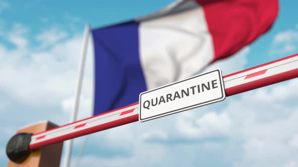 Barrier Gate with QUARANTINE Sign Being Open at Flag of France alt