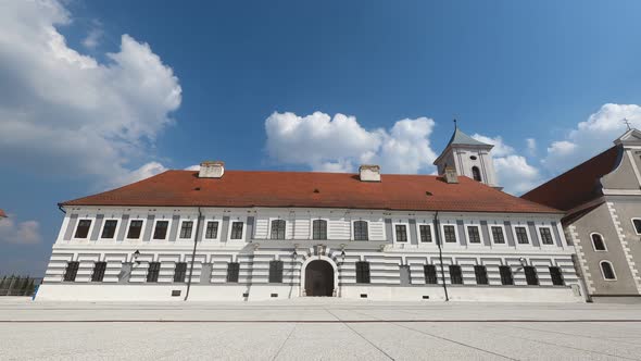 Old town square ,city building , beautiful blue sky and white clouds Time lapse Static Low Angle Sho