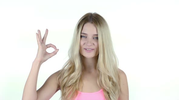 Woman Showing Ok Sign, White Background