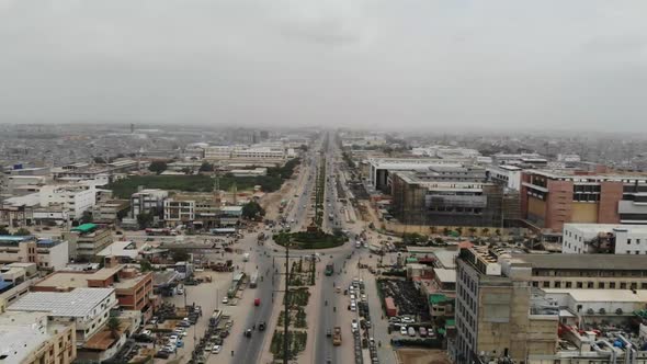 Aerial View Of Busy Highway And Roundabout In Industrial Area In Karachi