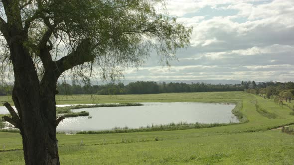 Scenic landscape of a pond in the middle of a flood plain on a cloudy day