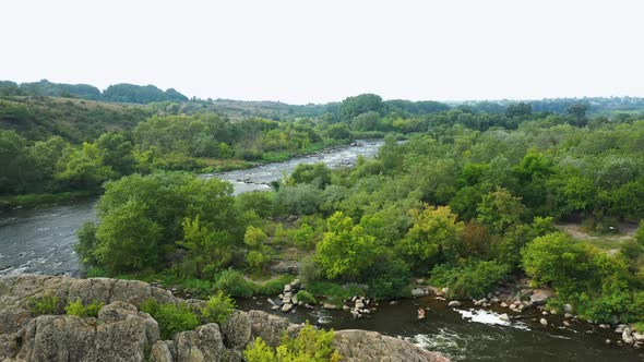 The Rocky Banks of the Southern Bug River Near the Village of Migiya in Ukraine Aerial View