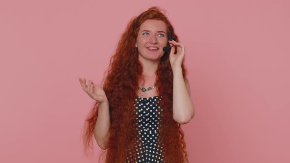 Smiling Redhead Woman Wears Headset Freelance Worker Call Center Support Service Operator Helpline