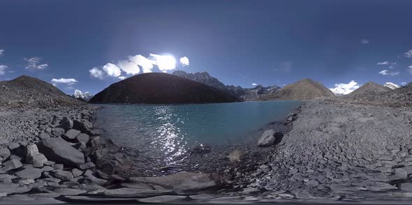 VR Gokyo Ri Mountain Lake at the Winter Season. Wild Himalayas High Altitude Nature and Mount Valley