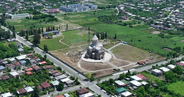 Zugdidi, Georgia - May 3 2022: Aerial view of Zugdidi Iveria Cathedral of the All-Holy Mother of God