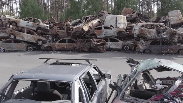 War in Ukraine a Dump of Burned Cars in Irpin Bucha District