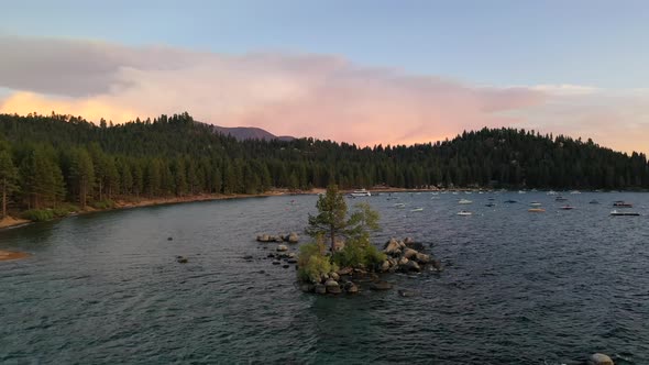 Aerial View Of Boats In Scenic Lake Tahoe In California At Sunset - drone shot