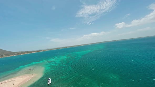 Turquoise Sea And Vegetation In Isla Cabra, Monte Cristi, Dominican Republic - aerial FPV