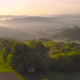 Flying over vibrant green hills, farmlands and forest at sunrise - VideoHive Item for Sale