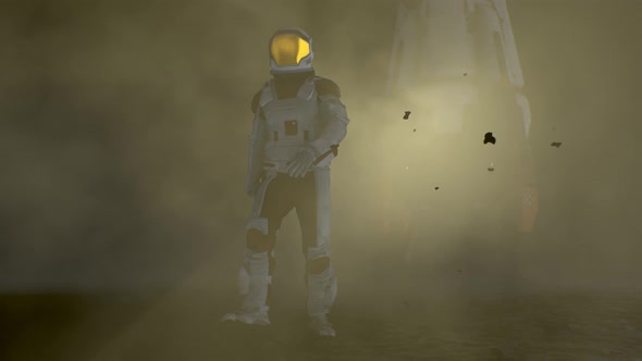 Courageous Astronaut in the Space Suit Explores Mysterious Alien Planet Covered in Mist