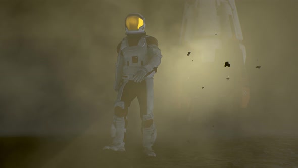 Courageous Astronaut in the Space Suit Explores Mysterious Alien Planet Covered in Mist alt