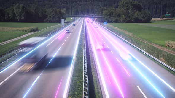 Digitally glowing lines on busy highway. Concept of future travel with autonomous cars, speed, data