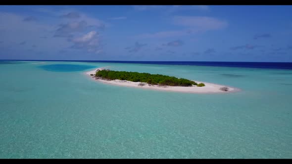 Aerial nature of relaxing bay beach trip by blue ocean with white sandy background of a dayout after