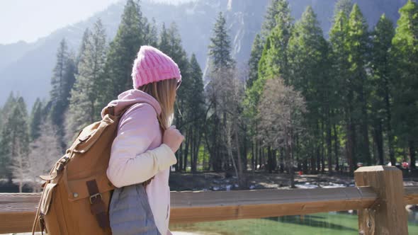 Woman Hiker Hiking Backpacker Traveler Camper in Yosemite Mountain Forrest RED