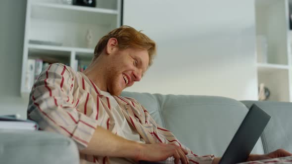 Happy Guy Have Virtual Conversation Closeup