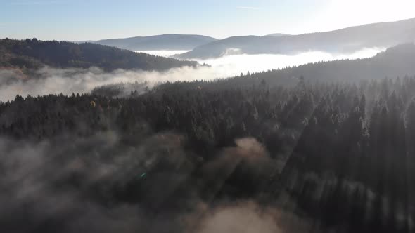 Sunrise, foggy autumn morning in Carpathians, Eastern Beskids, Ukraine. Crane shot