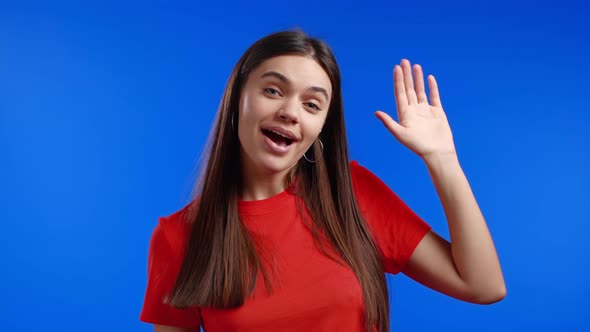 Young Friendly Woman Waving Hand  Goodbye Chao Adios