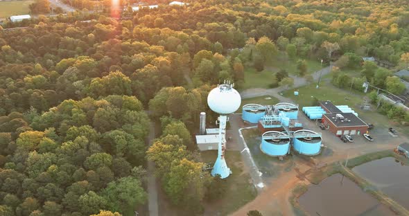 Aerial panoramic view of modern urban wastewater treatment plant water purification