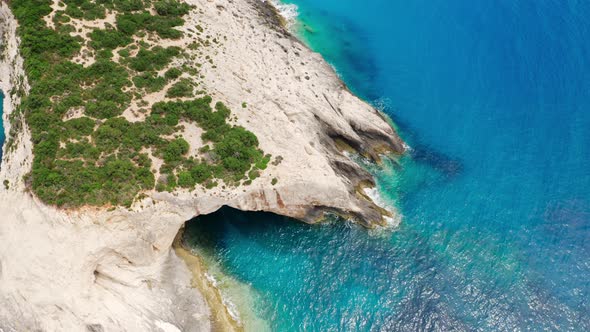 Aerial reveal shot of beautiful coast at Lefkada islands, Greece.