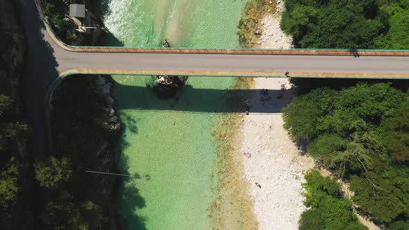 Drone Flight Over Soca River And Bridge