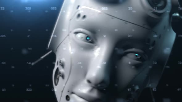 Critical error in artificial intelligence. robot head twitching and shaking close-up shot