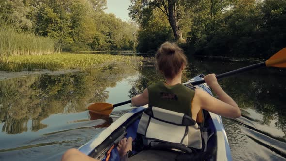 Tourist Leisure In Kayak. Swimming Canoe In Life Vest. Travel Water Tourism Holiday Vacation.