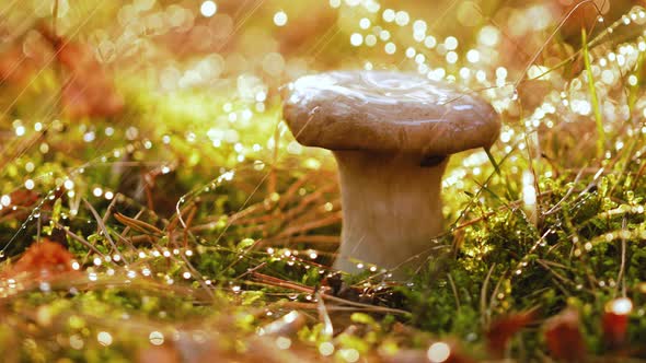 Mushroom Boletus In a Sunny Forest in the Rain