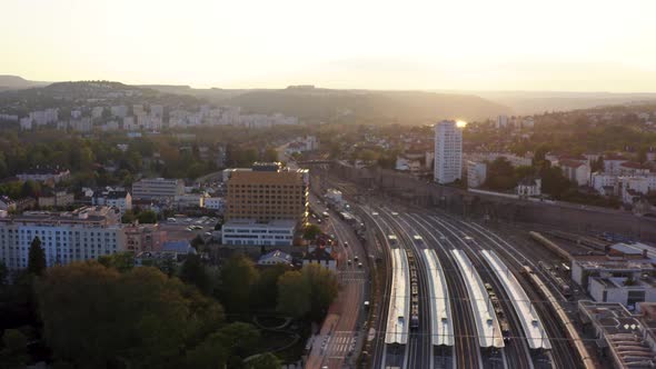 European French Train station golden hour drone  4k 30p
