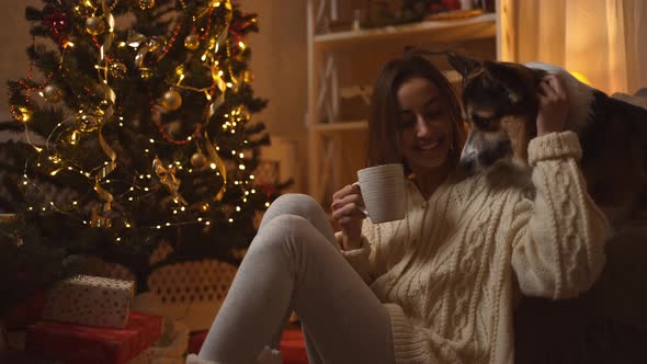 Beautiful Laughing Woman Sits on Floor with Mug of Coffe Close to Funny Welsh Corgi Dog Sitts at