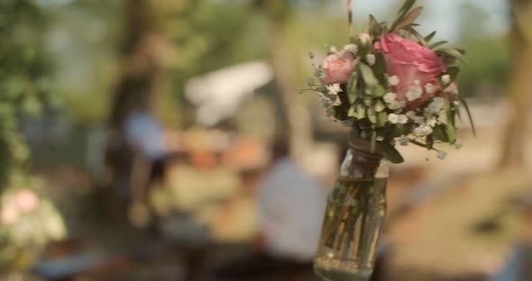 Party table with drinks and sweets . Wedding decor at an exit ceremony