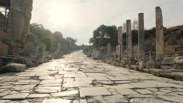 Historic Curetes Street in Ephesus Ancient City at Sunny Day in Selcuk Turkey