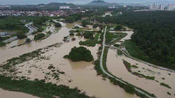 Flooded kampung in aerial view