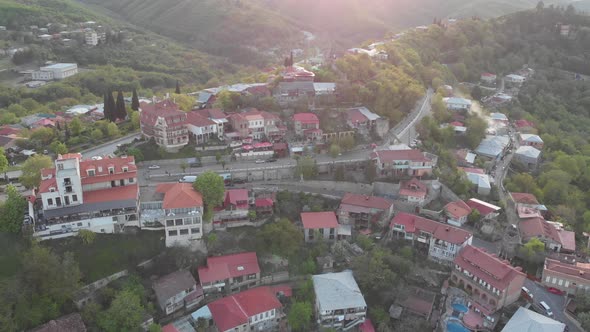 Aerial view of beautiful city of love Sighnaghi. Georgia 2019 spring