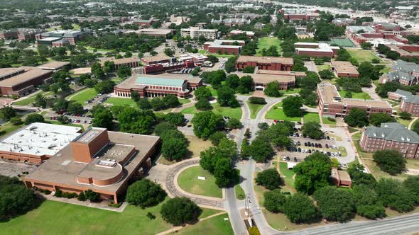 Wide aerial view of Baylor University campus in Waco Texas. Large Christian Baptist college in TX US
