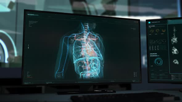 Healthcare Computer Starts Examination Of Heart With Scanning Patients Chest alt