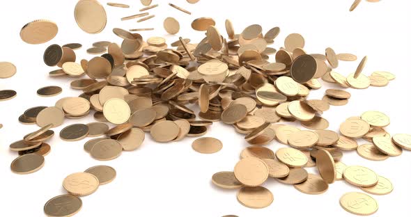 3d Banner with Gold Coins Fall on Gold Background.