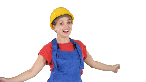 Female Construction Worker Dancing Happy on White Background.