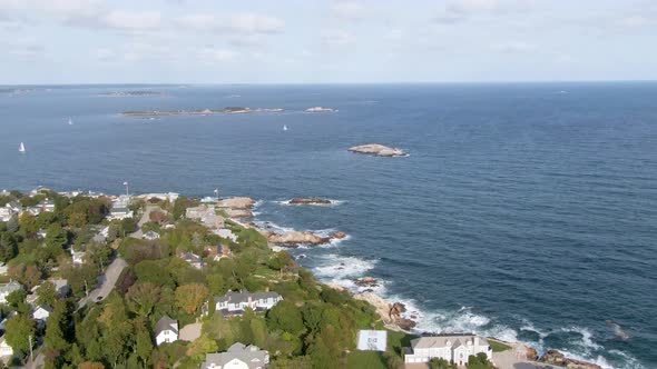 Aerial view of Waterfront Houses on the Coast of Marblehead Neck, Marblehead, Massachusetts MA, USA