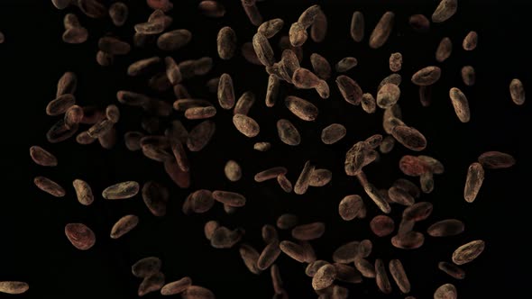 Super Slow Motion Shot of Exploding Raw Cocoa Beans on Black Background at 1000Fps.