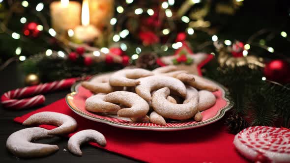 Plate Full of Traditional German or Austrian Vanillekipferl Vanilla Kipferl Cookies