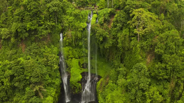 Sekumpul Waterfall in Bali Surrounded By Tropical Forest, Aerial View 