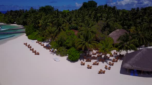 Tropical overhead clean view of a white sandy paradise beach and turquoise sea background in vibrant