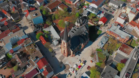 Beautiful morning top view of the central part of Viernheim. Old catholic cathedral.