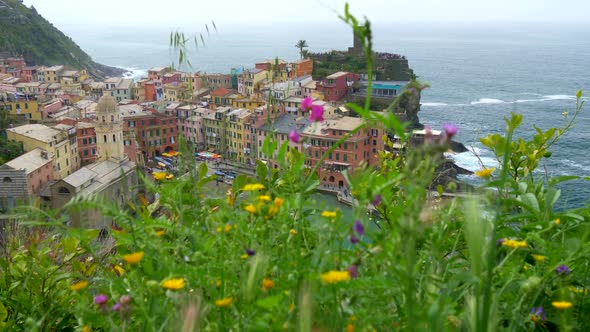 Steadicam Shot of Vernazza, Cinque Terre, Italy. Elegant Colorful Houses Are Seen in the Background