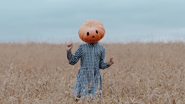 A Funny Girl in a Dress with a Big Pumpkin Head Dances Outdoors in a Field