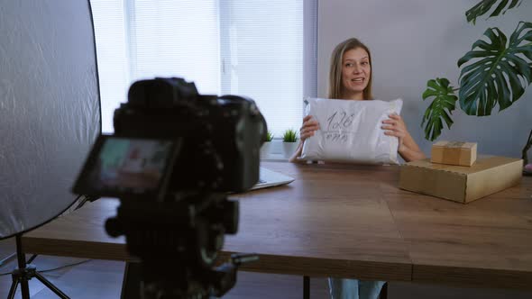 Young Beautiful Woman Leads Her Video Blog From Home