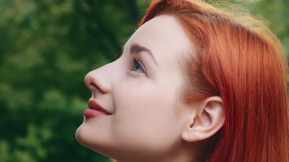 Close Up Profile Female Face Young Caucasian Pretty Beautiful Woman Girl Redhead Teenage Dreamer