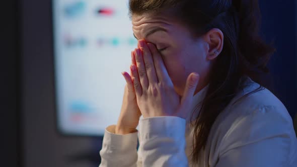 Close Up of Stressed Manager Woman Massaging Tired Eyes