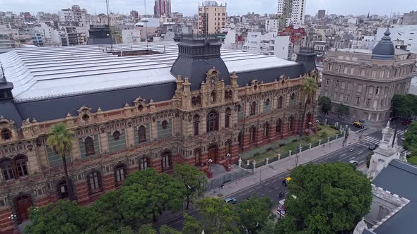 Aerial drone scene in horizontal orbit of historic building. Buenos Aires - Argentine