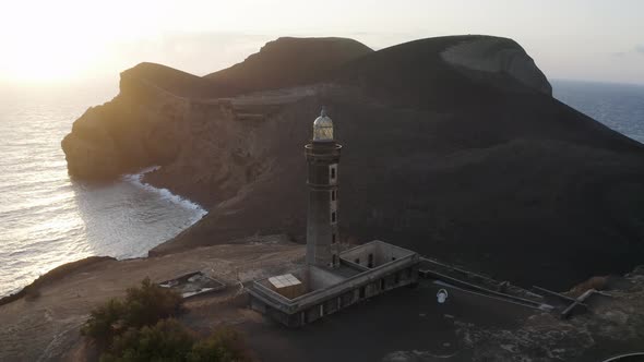 Aerial View of Farol da Ponta dos Capelinhos at sunset Capelo, Azores, Portugal.